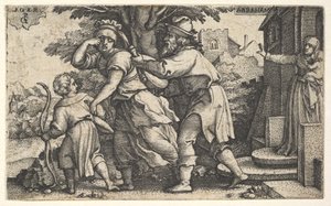Abraham odsyła Hagar i Ismaela: Abraham trzyma naczynie jako Hagar i Isma..., ca. 1543. autorstwa Georg Pencz