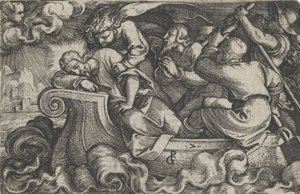 Chrystus śpiący podczas burzy nad Jeziorem Tyberiadzkim, z Historii Chrystusa, 1534-35. autorstwa Georg Pencz