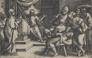 Chrystus z lekarzami w świątyni, z Historii Chrystusa, 1534-35. autorstwa Georg Pencz