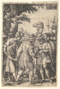 Józef sprzedany kupcom: brodaty mężczyzna trzymający Józefa lewą ręką otrzymuje co..., 1546.