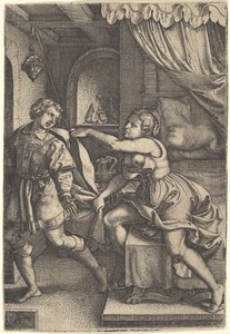 Józef oddala się od żony Potyfara, która obiema rękami ściska jego płaszcz, gdy idzie…, 1546. autorstwa Georg Pencz