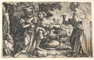 Lot i jego córki: córka w środku opiera prawą rękę na kolanie Lota i ve..., ca. 1531. autorstwa Georg Pencz