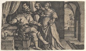Sarah przedstawia Hagar siedzącemu w nogach łóżka Abrahamowi, z cyklu The..., ca. 1543. autorstwa Georg Pencz