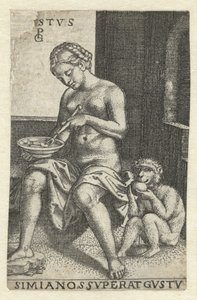 Smak (Smak) Gvstvs simia nos svperat gvstv (tytuł na obiekcie) Pięć zmysłów (tytuł serii) autorstwa Georg Pencz