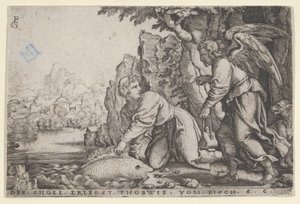 Tobiolus łapie rybę, z Historii Tobiasza, 1543. autorstwa Georg Pencz