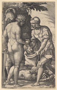 Tomyris, ukazany nago od tyłu, wkładający głowę Cyrusa do worka trzymanego przez żołnierza..., ok. godz. 1539.