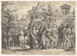 Triumf Miłości: cztery konie ciągną karetę z Kupidynem stojącym na palącym podeście..., ok. godz. 1539. autorstwa Georg Pencz