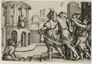 Virgil zawieszony w koszyku, kopia autorstwa Georg Pencz