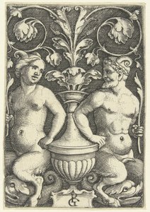 Satyra żeńska i męska Ozdoby powierzchniowe z groteski i liści winorośli (tytuł serii) autorstwa Georg Pencz