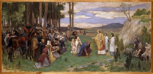 Anschaire (Oscar) de Breme (801-865) preche le christianisme en Scandinavie - Ansgar głoszenie chrześcijaństwa, Pauli, Georg (1855-1935). Olej na płótnie. Wymiar : 64x136 cm. Muzeum Narodowe w Sztokholmie