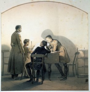 Przy fortepianie (Przy fortepianie). Rosyjscy żołnierze grający na pianinie podczas wojny krymskiej. Obraz George