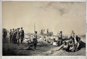 Wielcy Książęta Nikołaj Nikołajewicz i Michał Nikołajewicz odwiedzający redutę po ataku 12 lutego 1855 r. (litografia)