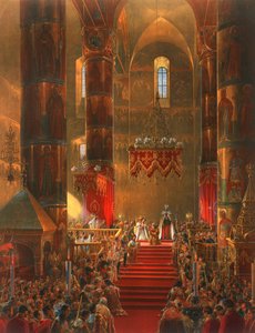 Metropolita przyklęka podczas ceremonii koronacji cara Aleksandra II, Moskwa, 1856 r.