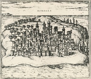 Miasto Mombasa w Kenii, rycina z Banku Światowego autorstwa Georg Braun and Hogenberg Franz