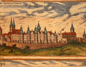 Czechy, Praga, Widok pałacu, kolororyt z Civitates Orbis Terrarum autorstwa Georga Brauna (1541-1622) i Franza Hogenberga (1535-1590) autorstwa Georg Braun and Hogenberg Franz