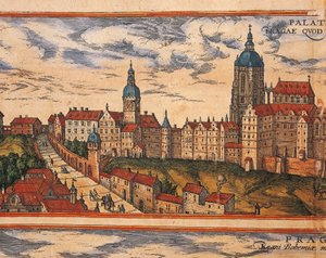 Czechy, Praga, Widok na cytadelę, kolorowa grafika z Civitates Orbis Terrarum autorstwa Georga Brauna (1541-1622) i Franza Hogenberga (1535-1590) autorstwa Georg Braun and Hogenberg Franz