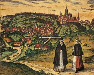 Czechy, Praga, Widok miasta z cytadelą w tle, kolorowa grafika z Civitates Orbis Terrarum autorstwa Georga Brauna (1541-1622) i Franza Hogenberga (1535-1590) autorstwa Georg Braun and Hogenberg Franz