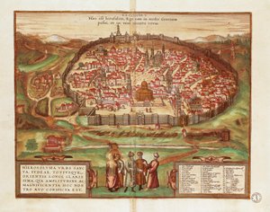 Izrael i Palestyna, miasto Jerozolima, Georg Braun i Franz Hogenberg, z Civitates Orbis Terrarum, grawerowanie kolorem autorstwa Georg Braun and Hogenberg Franz