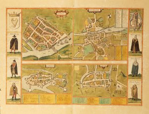 Mapa Galway, Dublina, Limerick i Cork z Civitates Orbis Terrarum autorstwa Georga Braun autorstwa Georg Braun and Hogenberg Franz