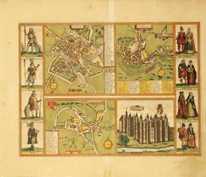 Mapa Yorku, Shrewbury, Lancaster i zamku Richmond z Civitates Orbis Terrarum autorstwa George