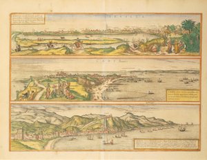 Mapa Sewilli, Kadyksu i Malagi, Hiszpania z Civitates Orbis Terrarum autorstwa Georga Braun