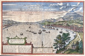Detroit w Mesynie, między Sycylią a Kalabrią (Włochy) (rycina autorstwa Georg Braun and Hogenberg Franz
