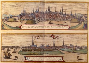 Na górze widok miasta Lubeka, poniżej miasta Hamburg w Niemczech. Rycina z Atlasu „Braun i Hogenberg” 1572 autorstwa Georg Braun and Hogenberg Franz