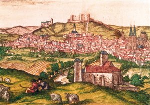 Miasto Burgos w Hiszpanii z pasterzami i stadem owiec na pierwszym planie (1576). Grawerowanie w Civitatis Orbis Terrarum, autorstwa Georg Braun and Hogenberg Franz