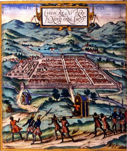 Cuzco, główny ośrodek cywilizacji Inków. Atlas de Braun i Hogenberg autorstwa Georg Braun and Hogenberg Franz