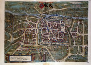 Mapa niemieckiego miasta Weimar. Rycina z Atlasu „Braun i Hogenberg” 1572 autorstwa Georg Braun and Hogenberg Franz