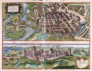 Poznań i Krosno, Polska (grafika) autorstwa Georg Braun and Hogenberg Franz
