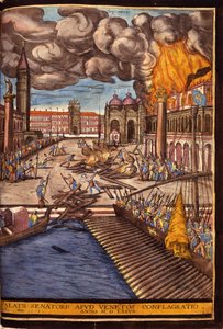 Wielki pożar Pałacu Książęcego na Placu św. Marka w Wenecji w 1577 r. Grawer George Braun w „” Civitatis Orbis Terrarum”” Tom I napisany przez Franza Hogenberga (1535-1590)
