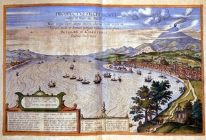 Cieśnina Mesyńska - Kalabria jest po lewej stronie, podczas gdy Mesyna i Etna są po prawej stronie na Sycylii. Atlas de Braun i Hogenberg autorstwa Georg Braun and Hogenberg Franz