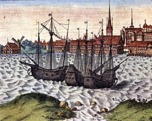 Port Lubeka po Theatrum Orbis Terrarum Braun i Hogenberg. XVII wiek. autorstwa Georg Braun and Hogenberg Franz
