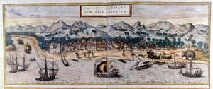 Widok Kozhikode lub Calicut w Indiach z Atlasu „Civitates Orbis Terrarum” autorstwa Braun & Hogenberg autorstwa Georg Braun and Hogenberg Franz