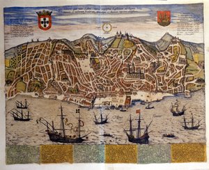 Widok na Lizbonę pod koniec XVI wieku. Atlas „Civitates Orbis Terrarum” autorstwa Brauna i Hogenberga