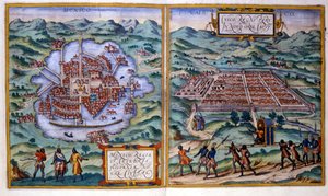 Widok na miasto Meksyk (Meksyk) i Cuzco (Peru). Atlas Braun i Hogenberg autorstwa Georg Braun and Hogenberg Franz