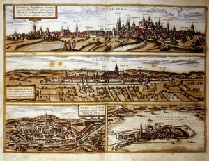 Widok na niemieckie miasta Norymberga i Ulm, Salzburg, Austria. Rycina z atlasu "Brauna i Hogenberga" 1572 r. autorstwa Georg Braun and Hogenberg Franz