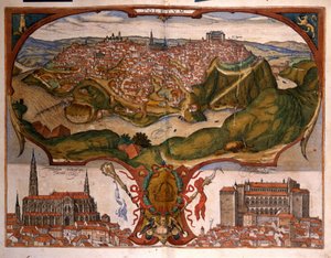 Widok miasta Toledo w XVI wieku. Grawerowanie George Braun w „” Civitatis Orbis Terrarum”” Tom I napisany przez Franza Hogenberga (1535-1590) autorstwa Georg Braun and Hogenberg Franz