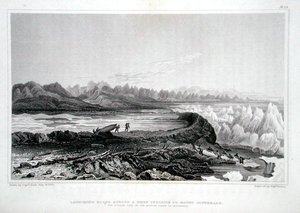 Wodowanie łodzi przez rafę naprzeciwko Mount Conybeare, z „Narracji o podróży do wybrzeży Morza Polarnego w latach 1819-22” autorstwa Sir Johna Franklina (1786-1847) rytowanego przez Edwarda Findena (1791-1857) opublikowanego w 1823 r. -28 (kolor grawerowa