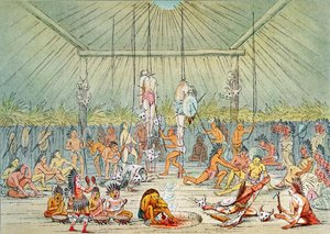 Ceremonia Mandan (kolorowa litografia)