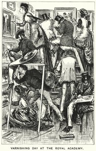 Punch cartoon: Dzień lakierowania w Royal Academy (grawerowanie) autorstwa George (after) Du Maurier