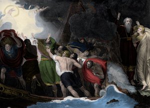 Prospero i Miranda, tak, stoją na wyspie, gdy marynarze rozbijają się