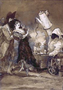 Cafe con leche caliente (wg Goya) (gwasz na desce malowanej zaprawą)