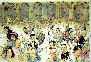 Famous Faces Outside Florians na Piazza San Marco, Wenecja, ok. 1990 (gwasz na płycie pilśniowej z tuszem na nakładce z acetatu) autorstwa George Adamson