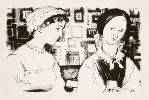 Jane Austen (1775-1817) i Charlotte Bronte (1816-55) - wyimaginowane spotkanie (indyjski atrament na pokładzie) autorstwa George Adamson