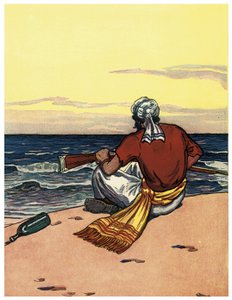 Pirat porzucający się na bezludną wyspę spogląda na linię horyzontu Ilustracja z „The Boys Books of Pirates” George