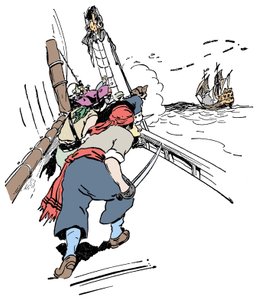 Statek piracki goniący statek Ilustracja z „Księgi piratów i wielkich łazików dla chłopca” George