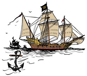 Statek piracki przy Wyspie Żółwi na Morzu Karaibskim Ilustracja z „Księgi piratów i wielkich łazików morskich dla chłopca” George