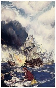 Brulot ładunek materiałów wybuchowych rzuca w statek Ilustracja z „Piraci z Panamy lub Buccaneers of America” George